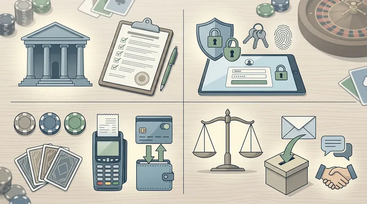 Illustration of a UK casino trust checklist with licence, access, payments and complaint sections