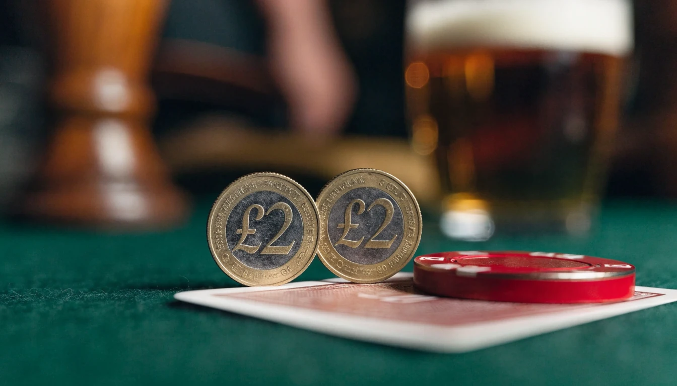 Two British two-pound coins beside a red casino chip on green felt in a warm pub setting.