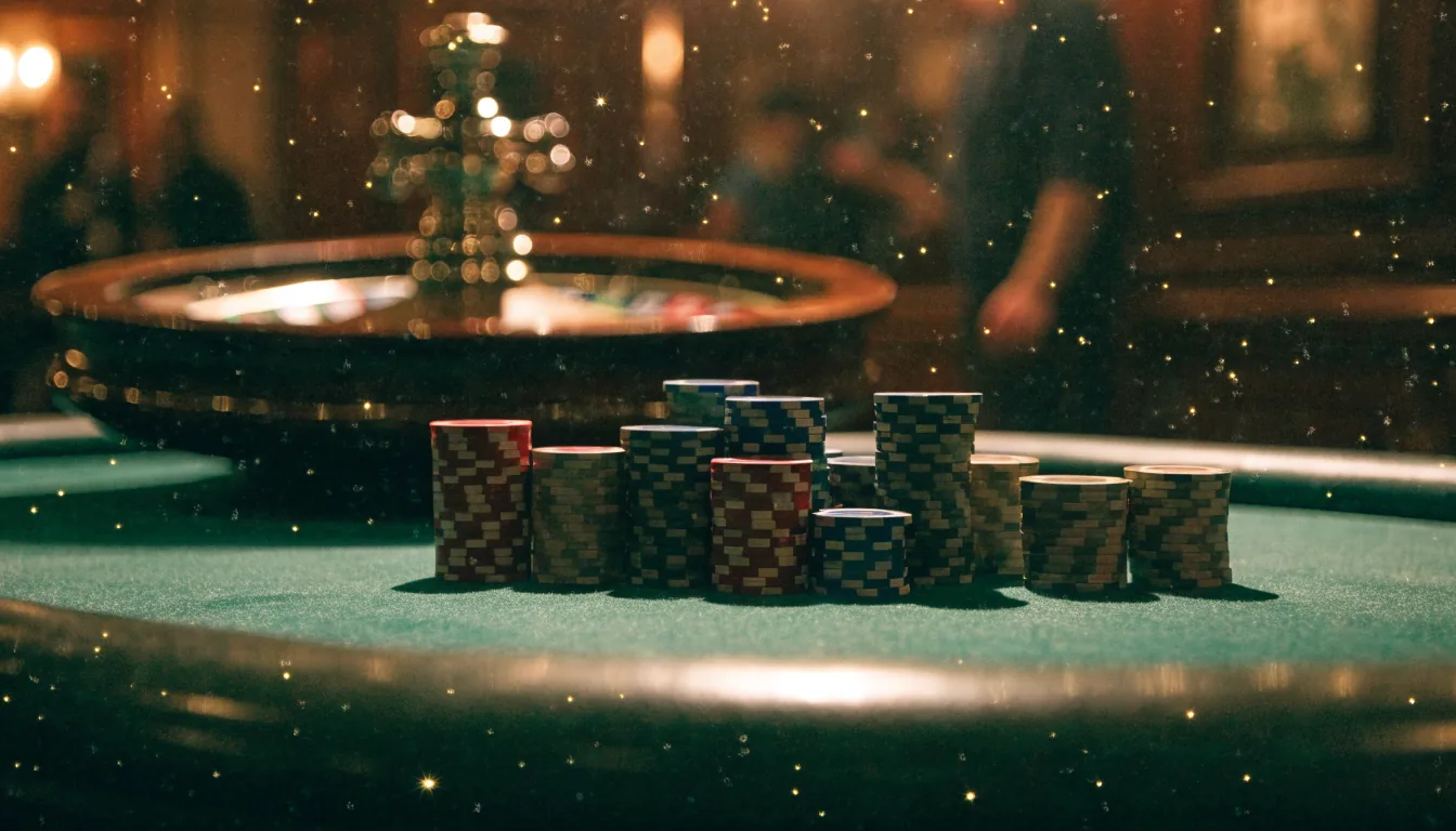 Casino chips stacked on a green table beside a roulette wheel, warm golden lighting