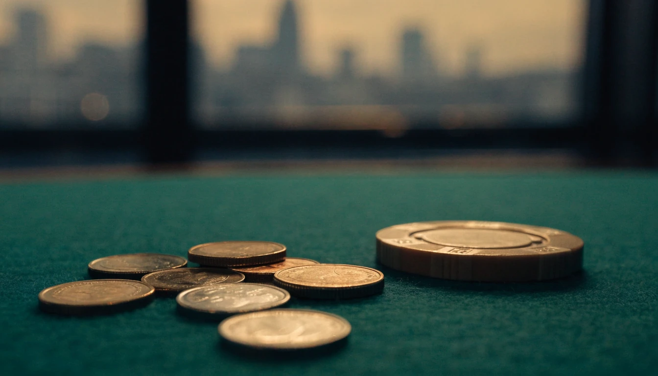 A few British pound coins next to a casino chip on green felt with a blurred London skyline