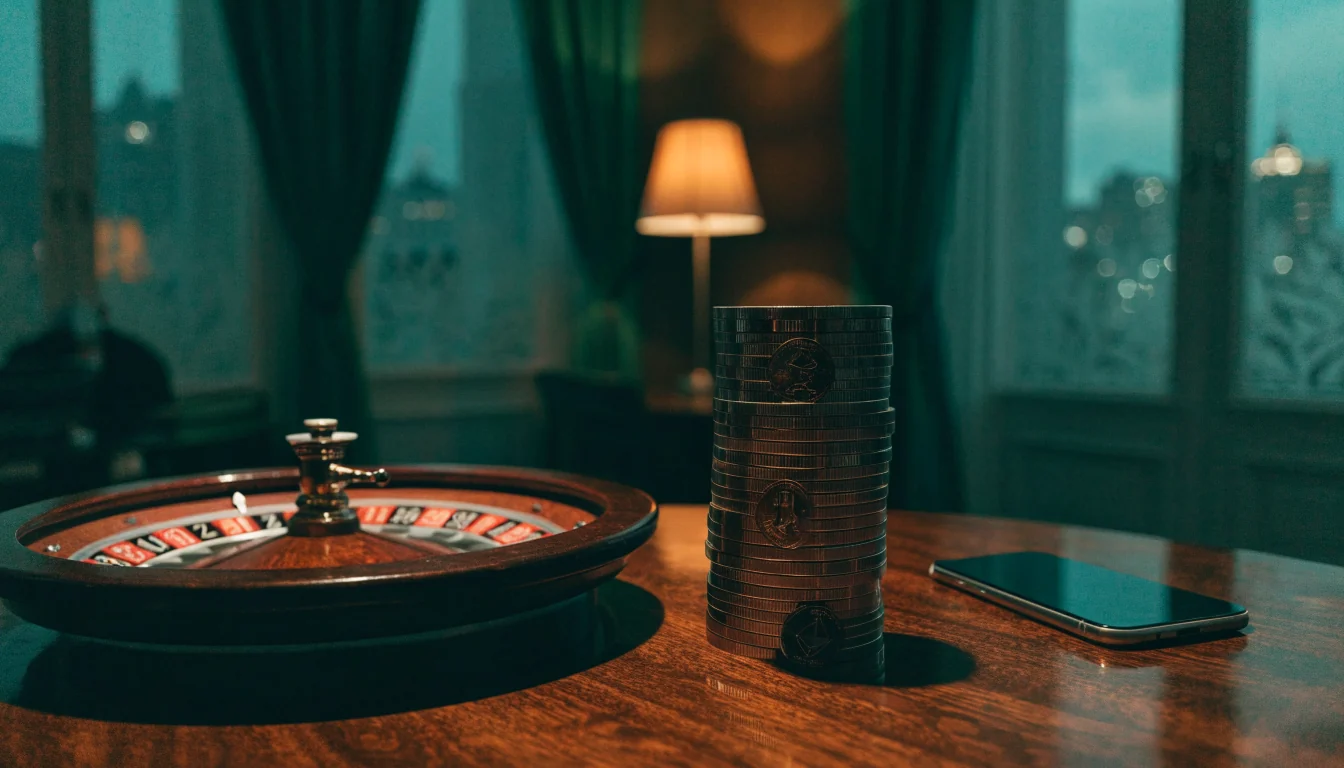 Private crypto gambling room with roulette, digital coins, and a face-down phone in London