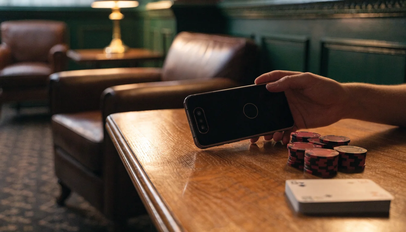 Hand holding Android smartphone on a British pub table with casino chips and cards nearby.