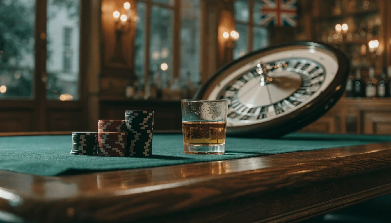 British casino lounge table with chips, roulette wheel and whisky glass