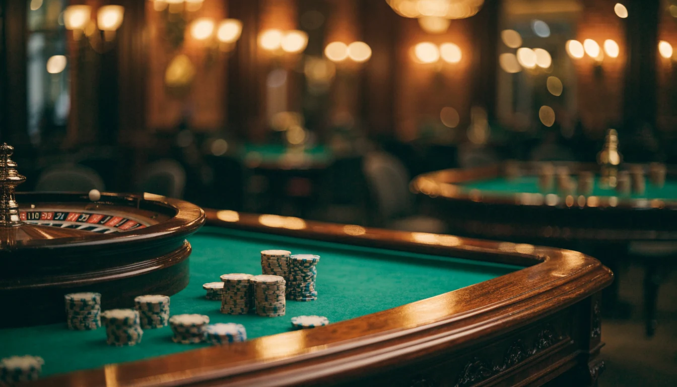 Elegant British casino interior with a roulette table and chips