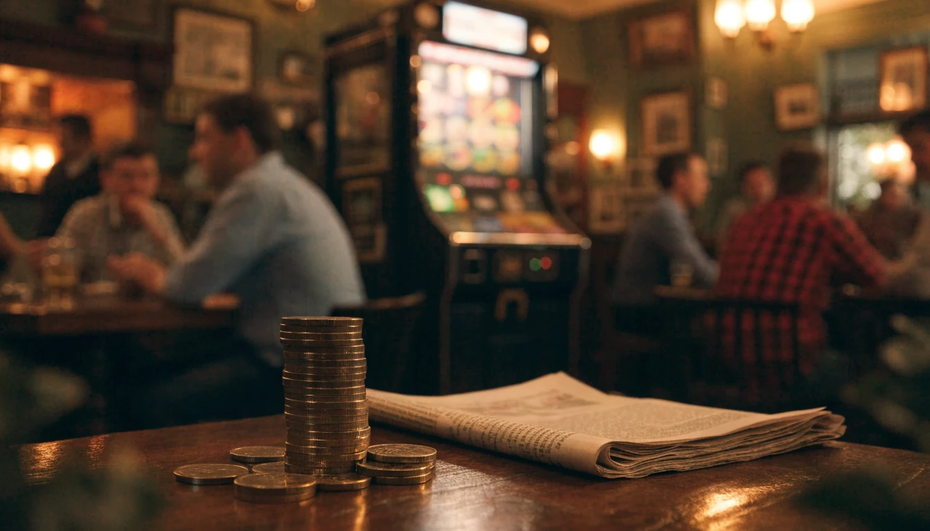 Cozy British pub table with stacked pound coins and a fruit machine in the background