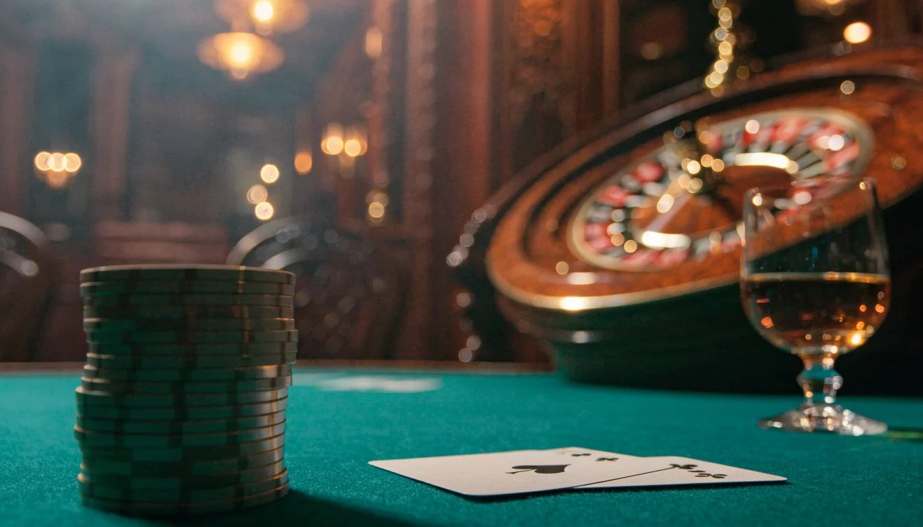 Elegant British casino table with poker chips, playing cards, and a roulette wheel in warm lighting.