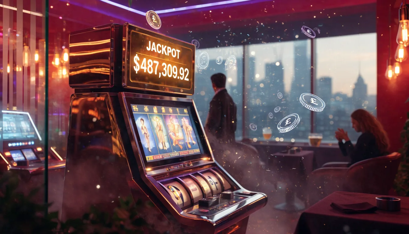 Stylized illustration of a London online casino lounge with a glowing jackpot slot machine and golden coins
