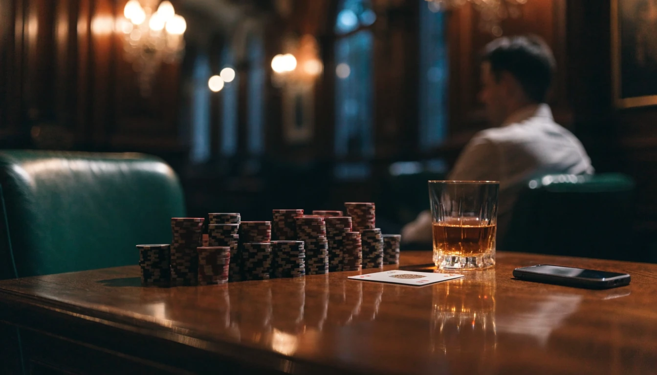 Casino chips and a face-down phone on a mahogany table in a London club