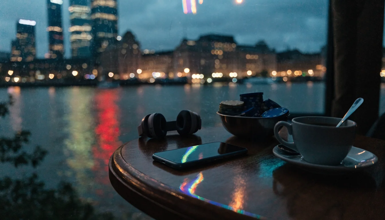 London skyline at night with a smartphone face-down on a table beside casino chips