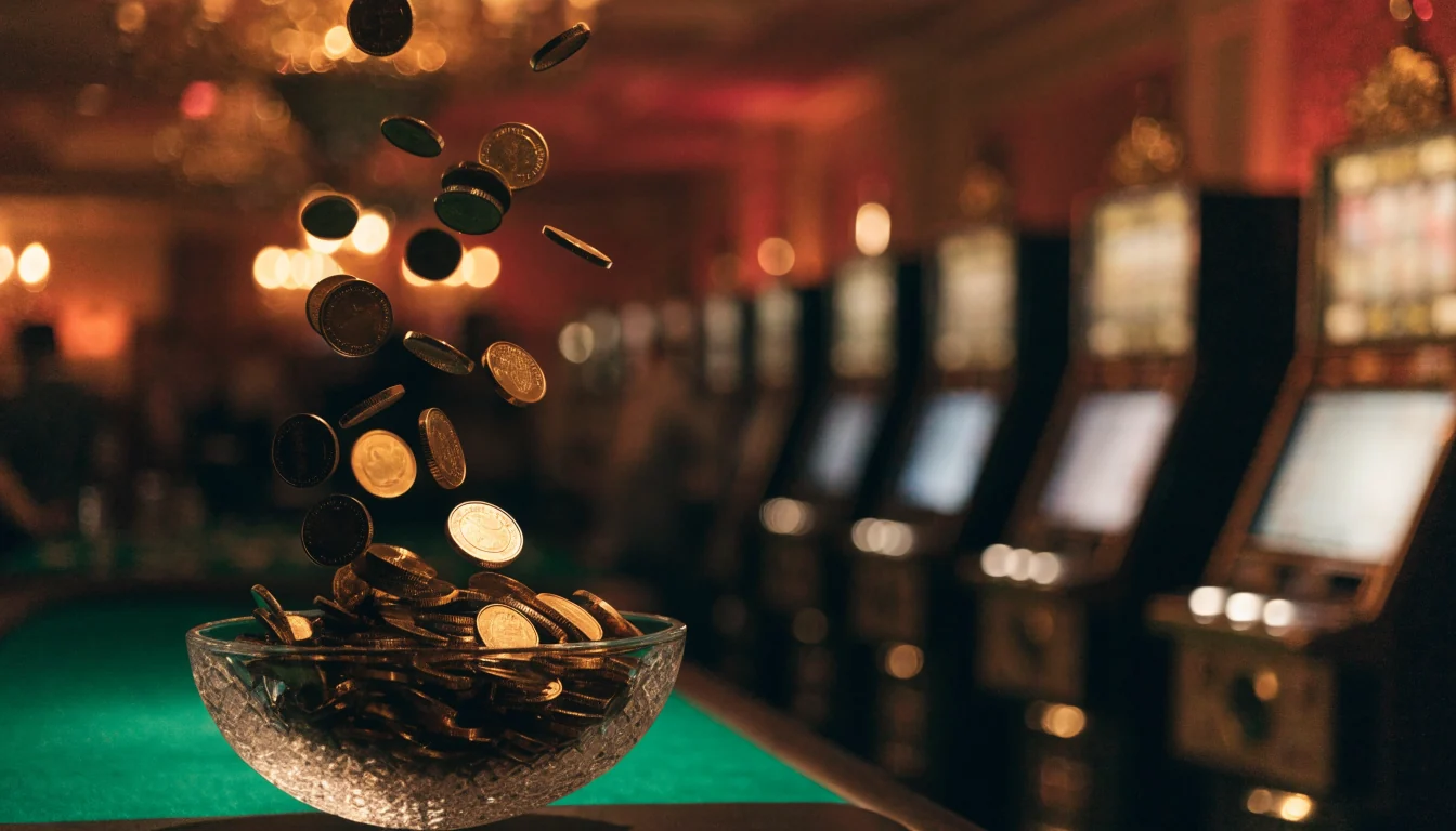 Golden coins spilling from a crystal bowl inside a warm-lit casino