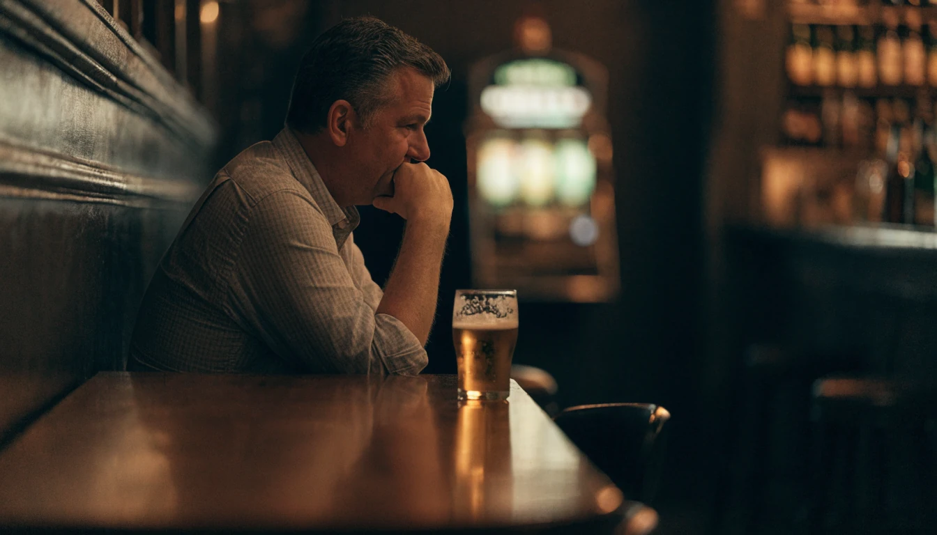 Contemplative man in a British pub with a pint, slot machine blurred behind
