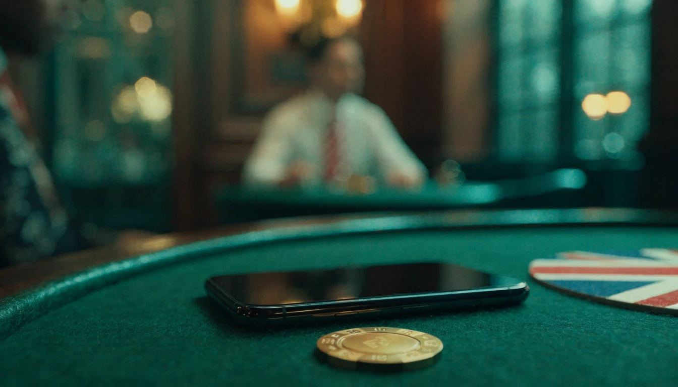 Smartphone on a casino table with a golden chip in a London gaming lounge