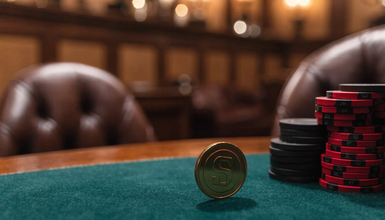 Golden cryptocurrency coin beside casino chips on a British club table