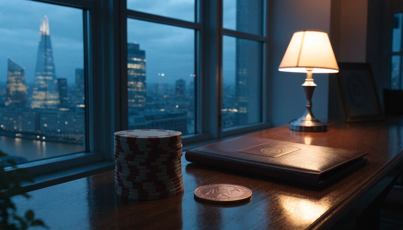 ADA coin and casino chips on a desk with London skyline at dusk