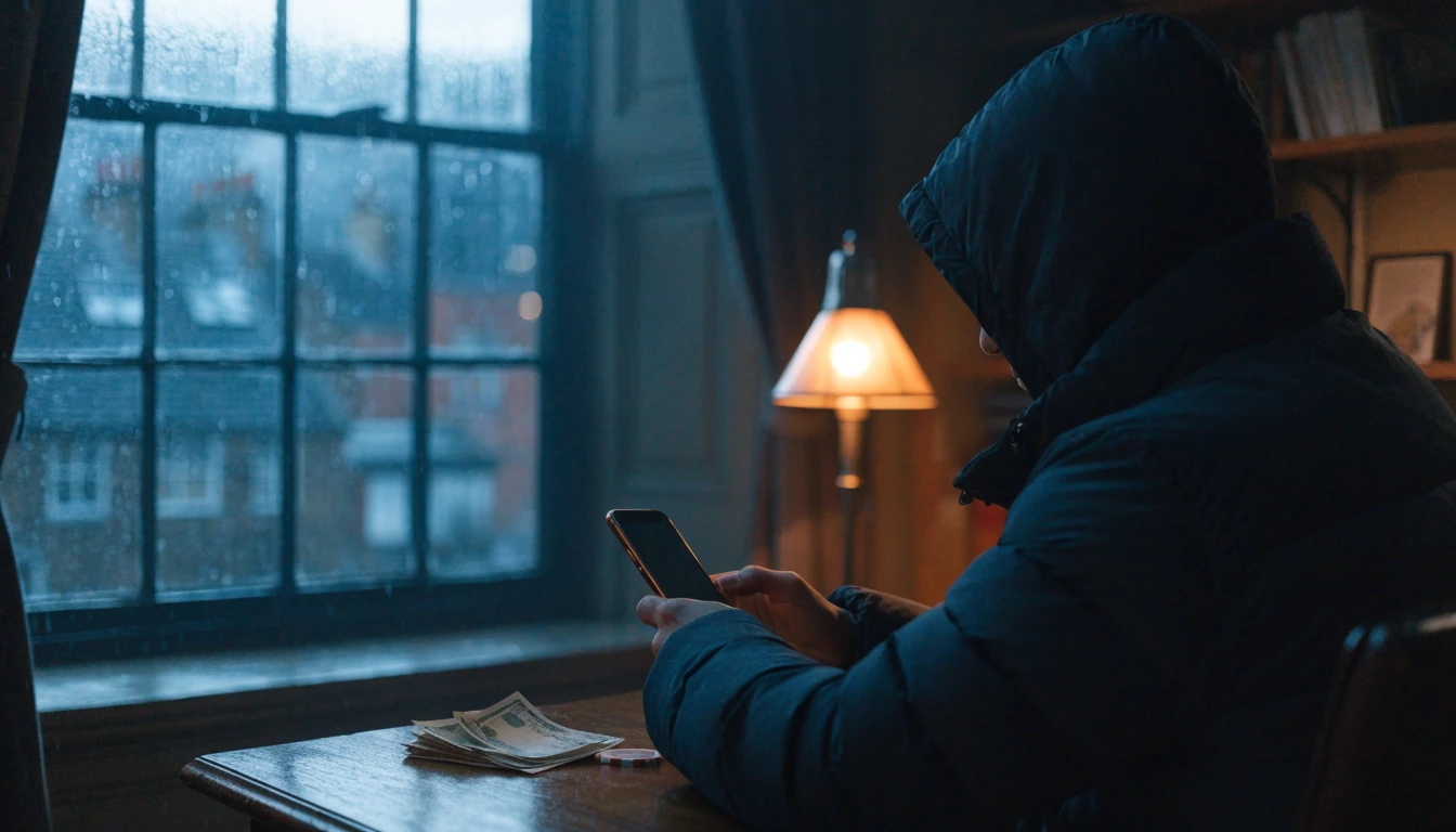 Hooded figure at a desk with a phone, pound notes and a poker chip in a moody British room.