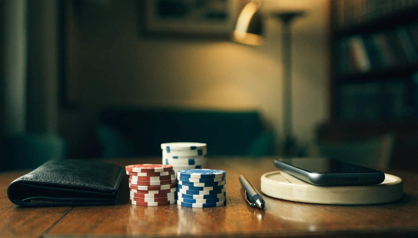 British-themed still life with chips, wallet and phone on a dark wood table