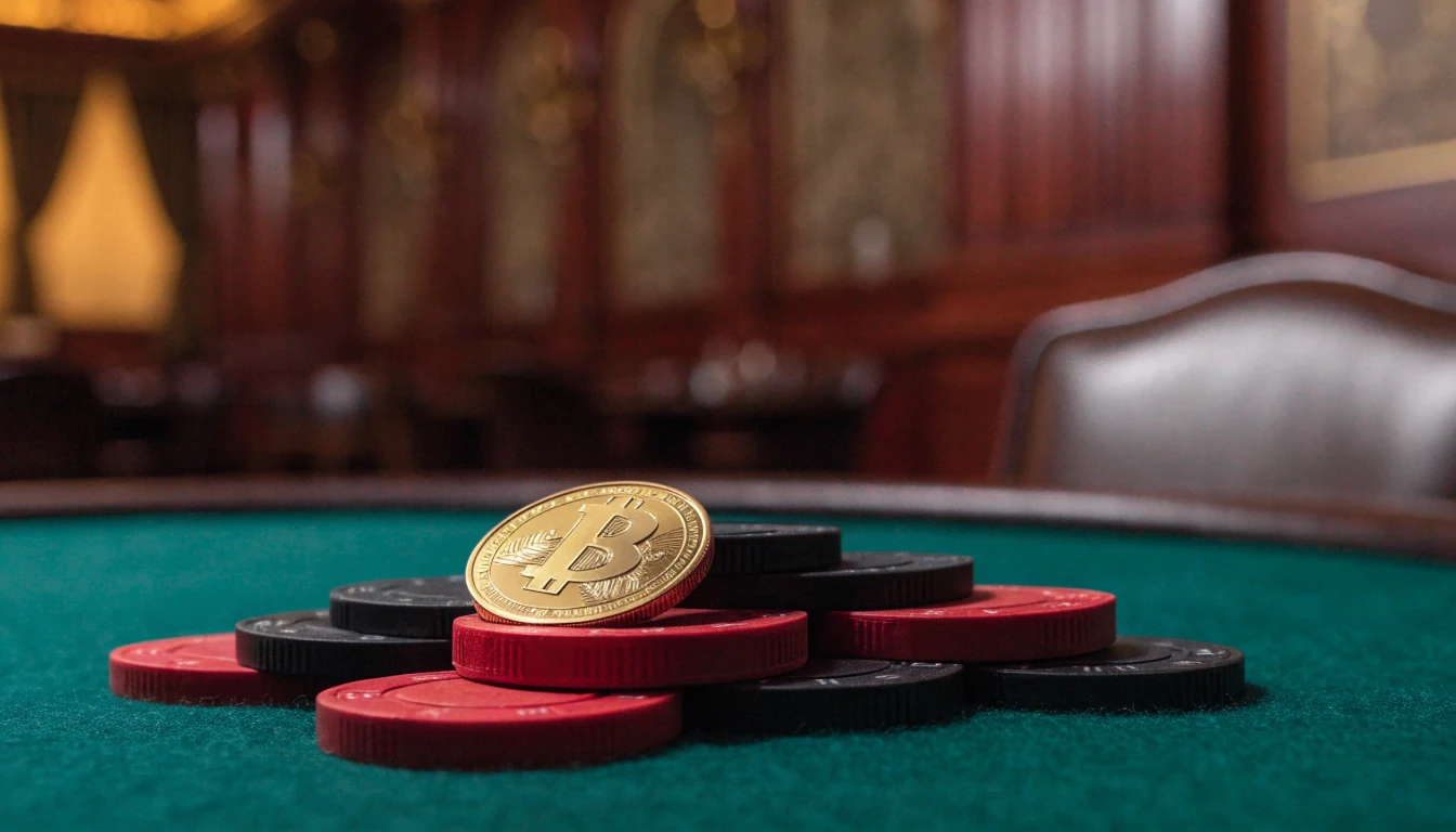 Golden Litecoin coin on a casino table with poker chips in a British-style club interior.