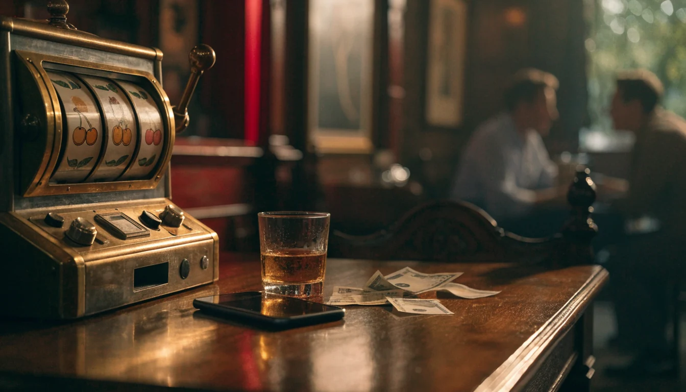 Vintage slot machine beside a modern smartphone on a British pub table