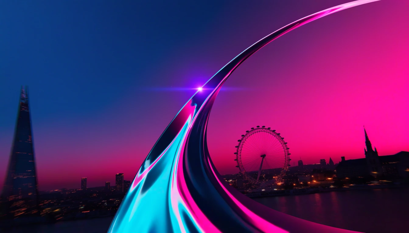 Neon rocket trajectory ascending over London skyline, representing a crash casino game multiplier.