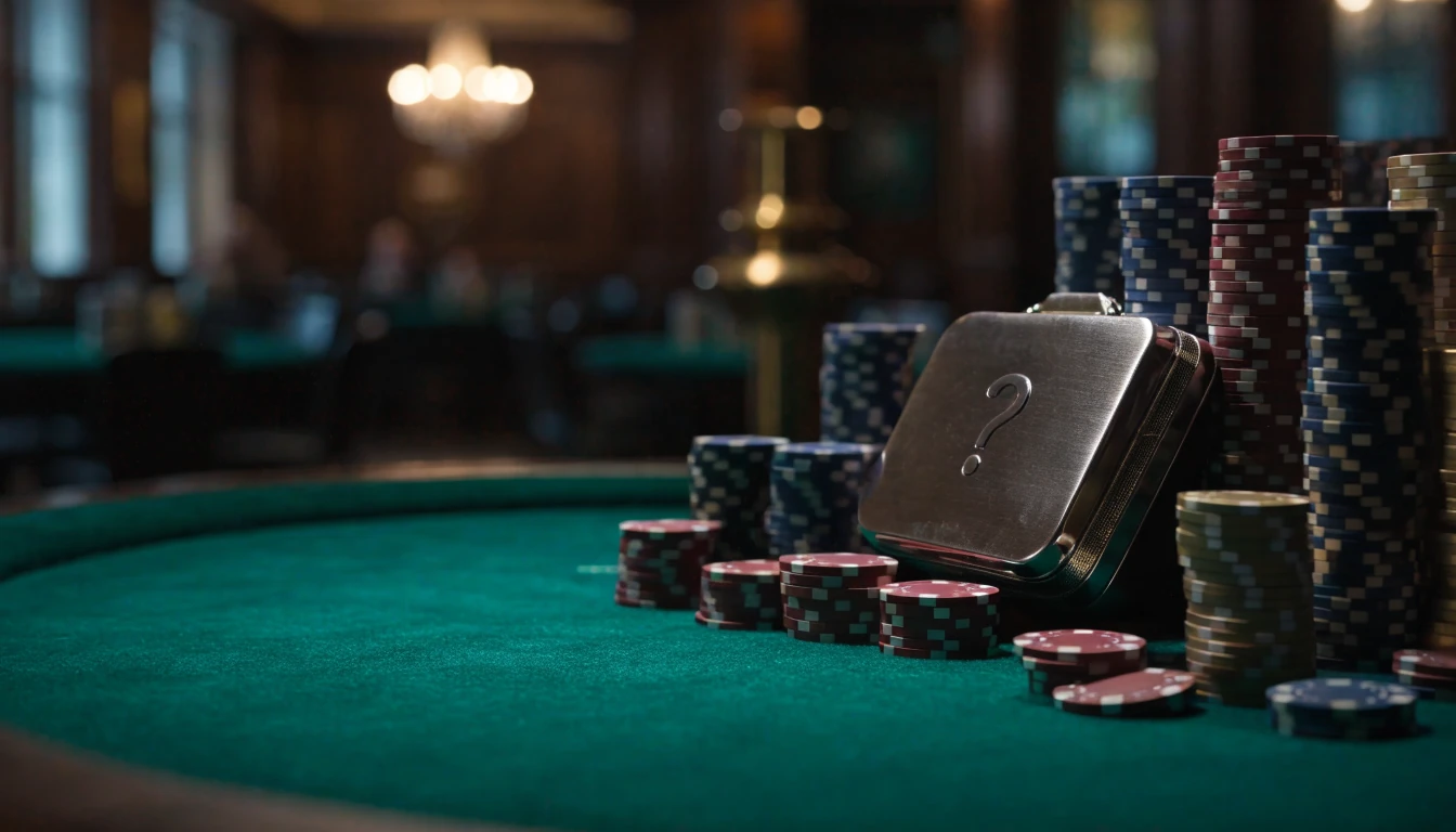 Silver briefcase and stacks of casino chips on a green felt table