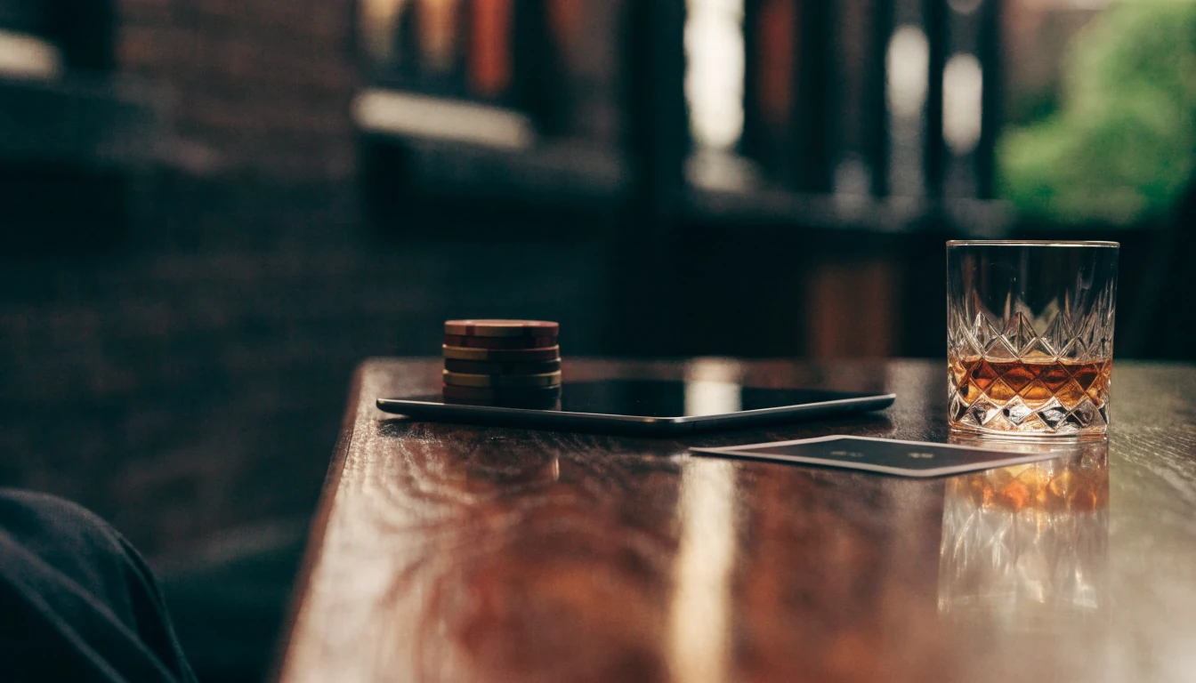 iPad on a dark wood table with casino chips and a whisky glass in a London club setting