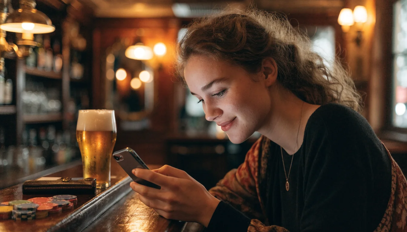 Young woman in a London pub holding a smartphone beside poker chips